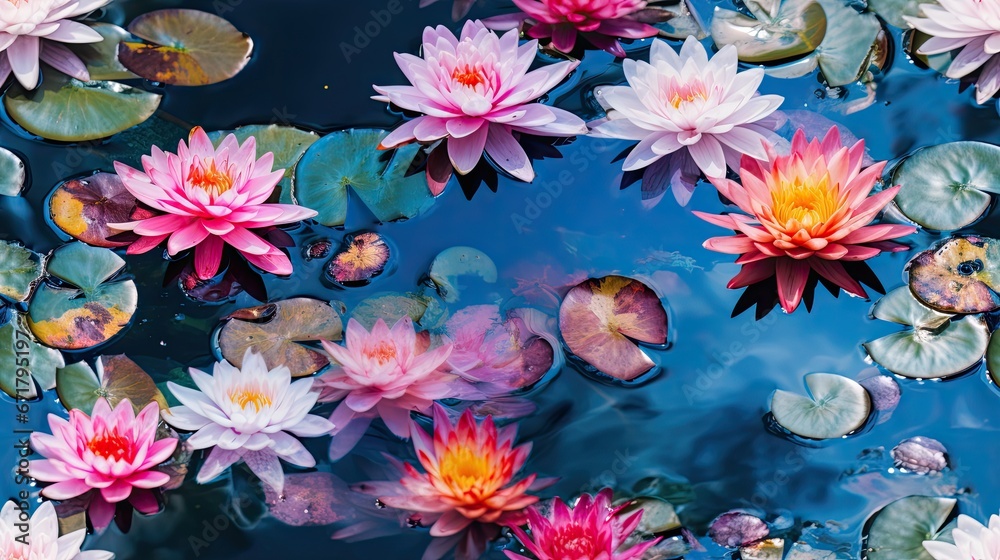  a group of water lilies floating on top of a body of water with lily pads on the bottom of the water.  generative ai