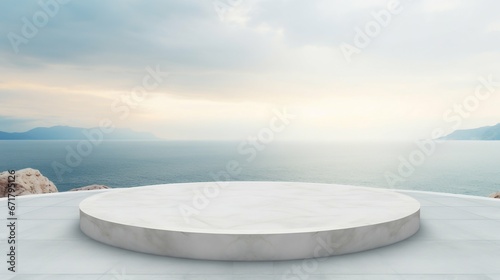 Marble Circle Podium Overlooking the Sea. Generative ai