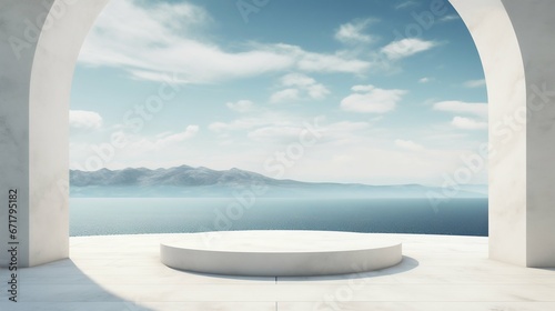 Marble Circle Podium Overlooking the Sea. Generative ai © Scrudje