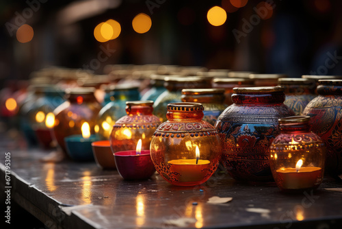 A festive display of colorful lanterns and candles during Diwali in India, celebrating the victory of light over darkness. Generative Ai.