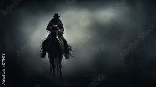  a man riding on the back of a horse through a forest filled with tall grass and trees on a foggy night.  generative ai © Anna