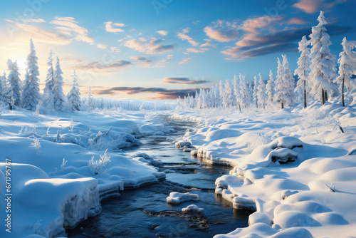 A snowy landscape in Lapland, Finland, home to Santa Claus, exemplifying the magical Christmas experiences offered in the region. Generative Ai.