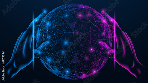 Hands hold the sphere. Polygonal design of interconnected elements.