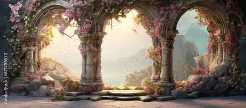 Fantasy landscape with an enchanted stone arch serving as a gateway to an unreal 3D rendered world full of flowers and magic