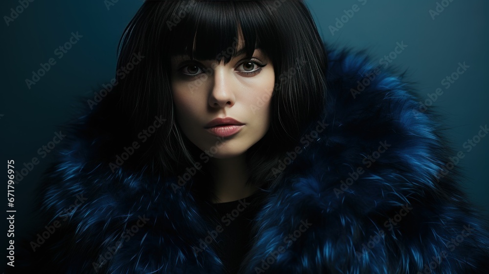 Beautiful Woman with bangs hairstyle and wearing fashion fur coat