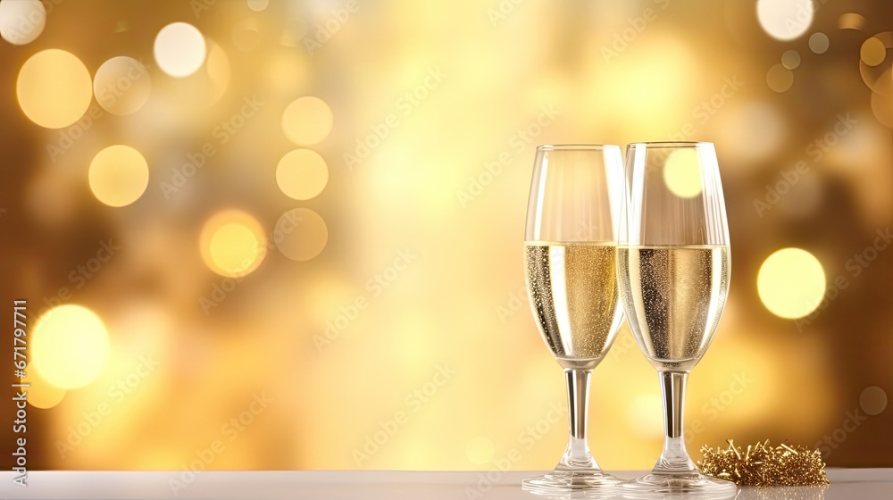 Two glasses of champagne with bokeh light background for New year and Christmas celebration, Dinner party anniversary with romance mood and tone. Two glasses of champagne with bokeh light background for New year and Christmas celebration, Dinner party anniversary with romance mood and tone.
