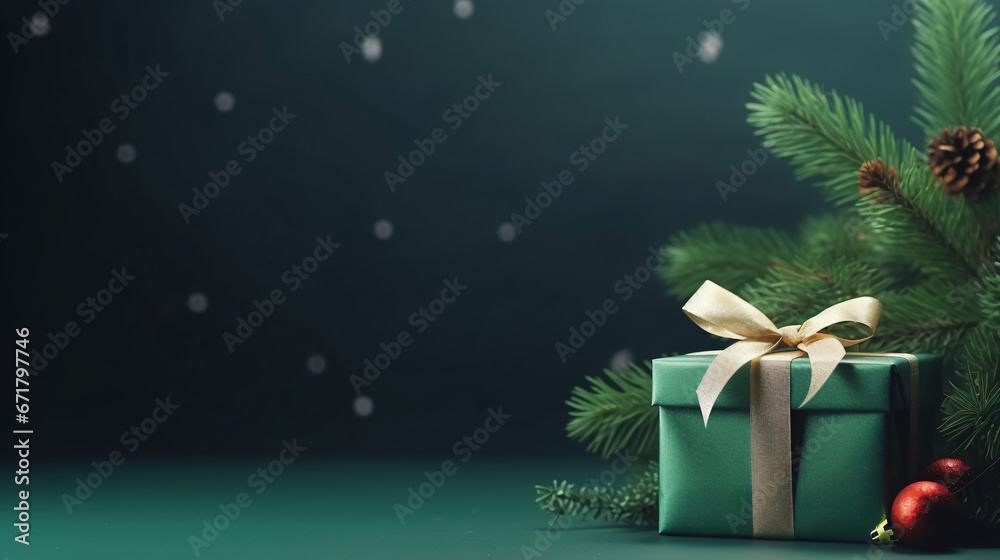 Christmas background design concept, holiday decoration ornament composition with Christmas tree branch, gift box with copy space isolated on green table. - obrazy, fototapety, plakaty 