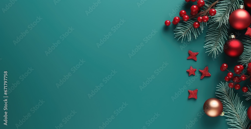 A Merry Christmas Background decorated by firs and baubles