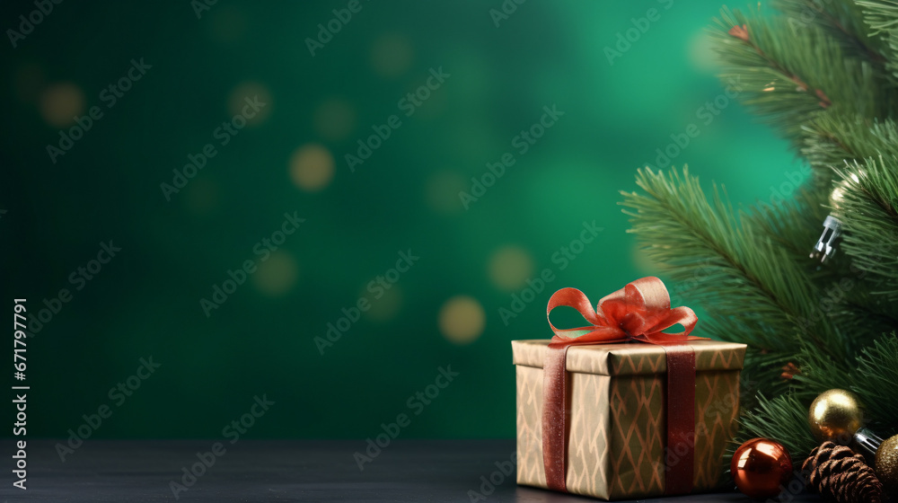 Christmas background design concept, holiday decoration ornament composition with Christmas tree branch, gift box with copy space isolated on green table. - obrazy, fototapety, plakaty 