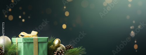Christmas background design concept, holiday decoration ornament composition with Christmas tree branch, gift box with copy space isolated on green table.