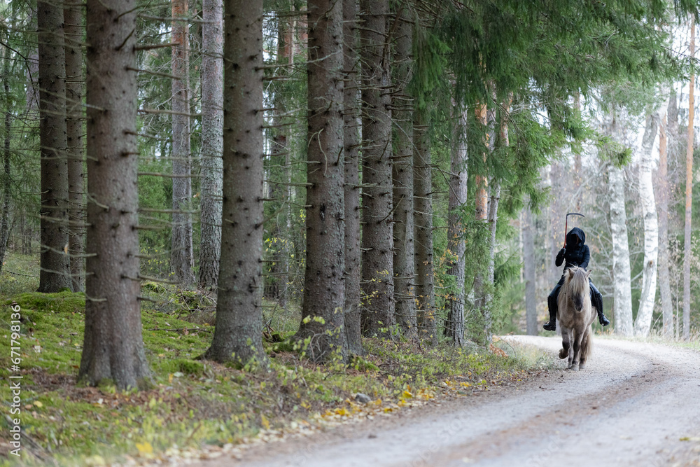 Reaper riding on gravel road in Autumn scenery. Ghost rider. Icelalandic horse. Halloween Reaper riding on gravel road in Autumn scenery. Ghost rider. Icelalandic horse. Halloween