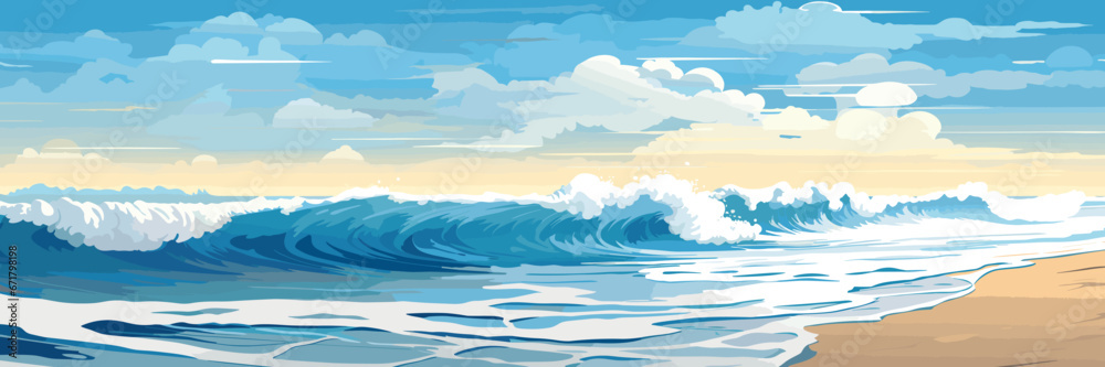 Sea beach landscape, ocean view panorama, sand wave and clouds, vector illustration background