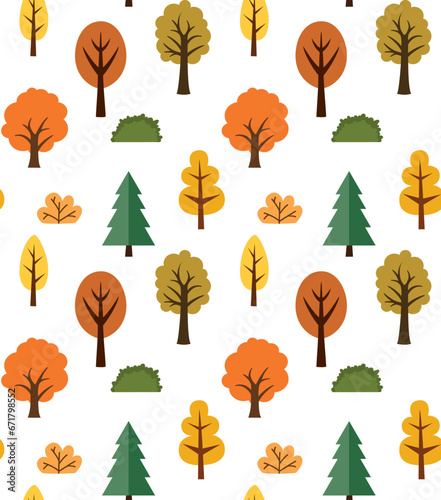 Seamless pattern with simple flat autumn trees and bushes. Vector cute fall backdrop. 