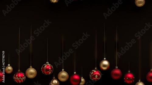  a group of red and gold christmas ornaments hanging from a line of gold and red ornaments on a black background. generative ai