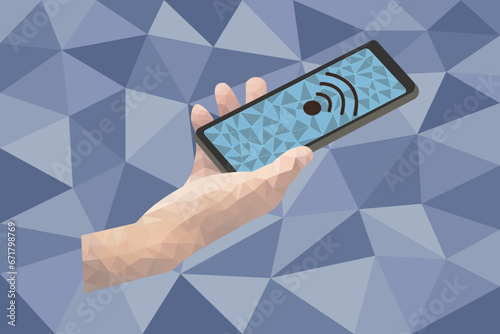 Collage banner with hand with phone paying contactless in triangle abstract technique.