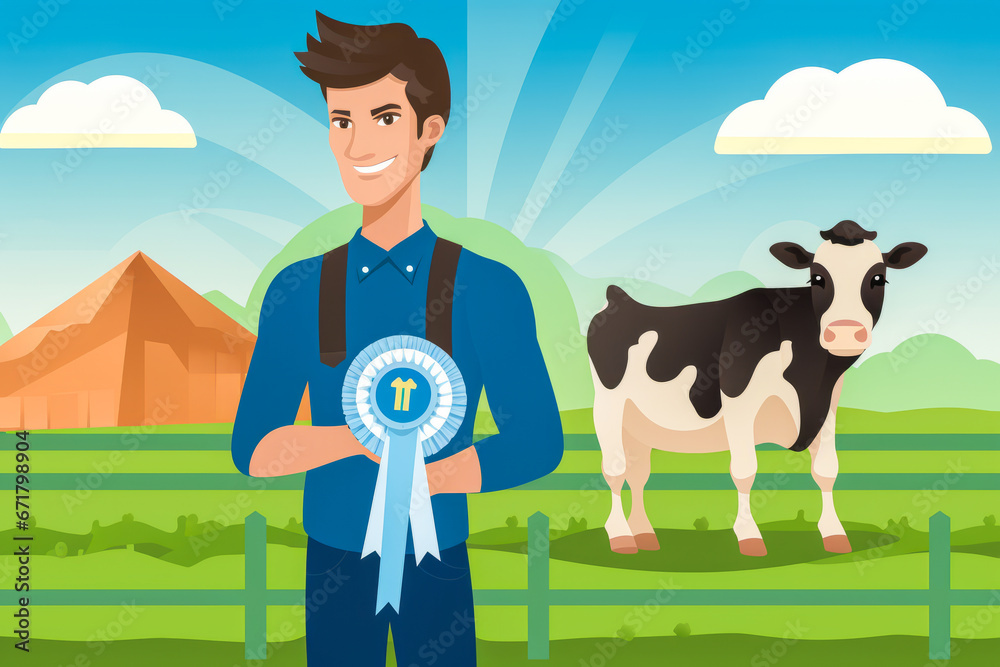 Farmer showing blue ribbon with cows in background. Farmer showing blue ribbon with cows in background.