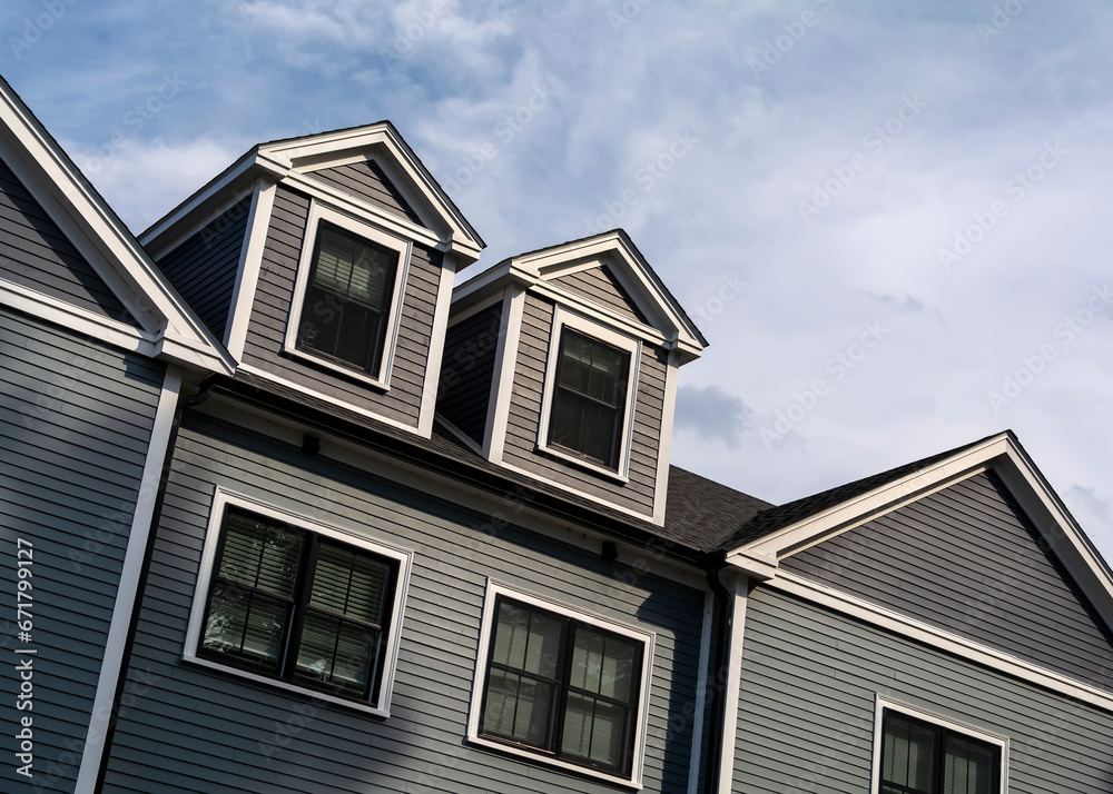 Gabled dormer windows of a duplex house, Boston, Massachusetts, USA