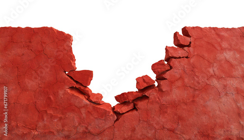 Fototapeta Naklejka Na Ścianę i Meble -  ruined red wall, collapsed, cracked, broken, or weathered concrete cement walls, isolated on a transparent background. PNG, cutout, or clipping path.	
