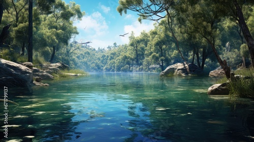  a painting of a river running through a lush green forest filled with lots of trees and a bird flying over the water.  generative ai
