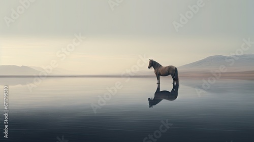  a horse is standing in the middle of a body of water with mountains in the background and a foggy sky.  generative ai © Olga