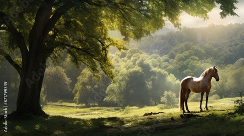  a horse is standing in the shade of a tree in a grassy field with a horse in the foreground. generative ai