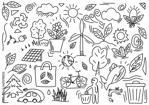 Doodle vector illustration on the theme of ecology and environmental protection.
