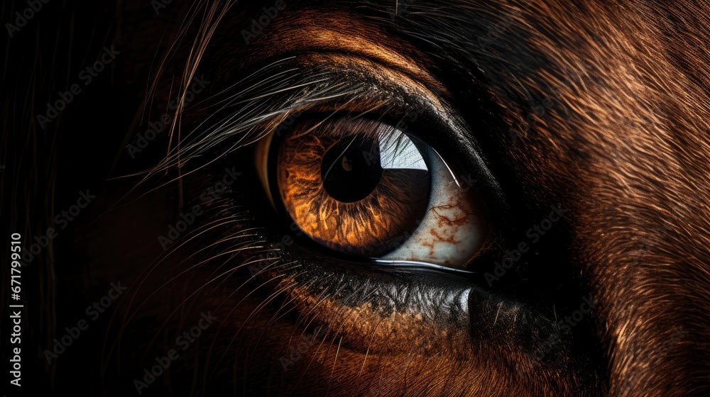 a close up of a horse's eye with a brown and black horse's face in the background. generative ai a close up of a horse's eye with a brown and black horse's face in the background. generative ai