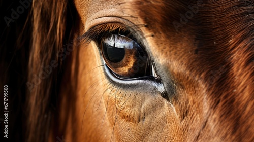  a close up of a horse s eye with a blurry image of the horse s face in the background.  generative ai