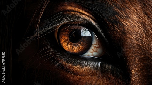  a close up of a horse's eye with a brown and black horse's face in the background.  generative ai © Olga