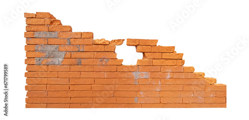 Ruined  collapsed  cracked  or broken weathered red brick wall  isolated on a transparent background. PNG  cutout  or clipping path. 