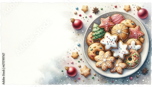 Close-up of assorted Christmas cookies on a plate, decorated with icing and festive sprinkles. photo