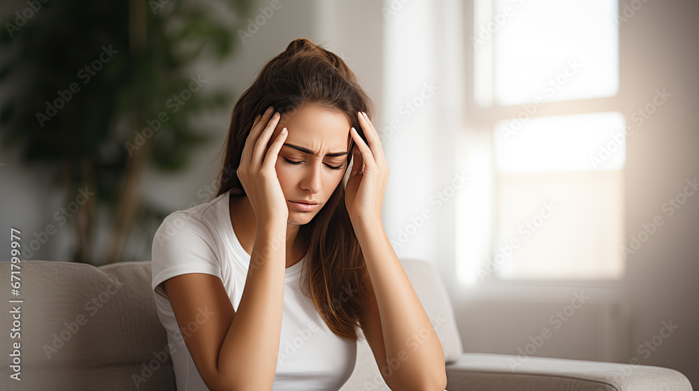 Beautiful woman in sitting living room have headache and stress Beautiful woman in sitting living room have headache and stress