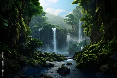 A cascading waterfall framed by lush greenery.  © Tachfine Art