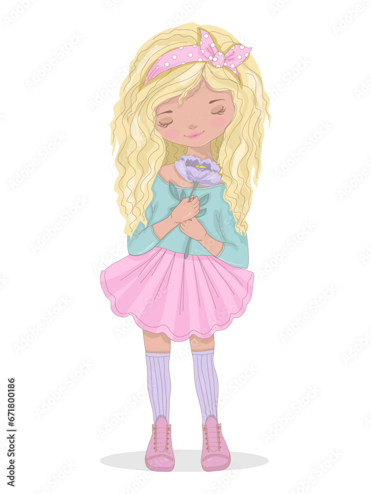 Cute girl with flower. Cartoon beautiful girl standing with flowers. Vector illustration. Woman with flower. Greeting card, poster, print Cute girl with flower. Cartoon beautiful girl standing with flowers. Vector illustration. Woman with flower. Greeting card, poster, print