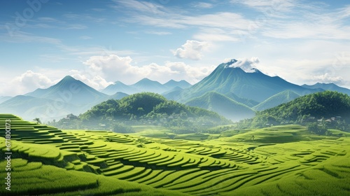  a scenic view of a mountain range with a green field in the foreground and a blue sky in the background.  generative ai