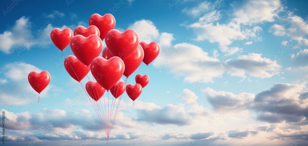 Floating red heart-shaped balloons against a serene sky. A symbol of love and celebration in the clouds.