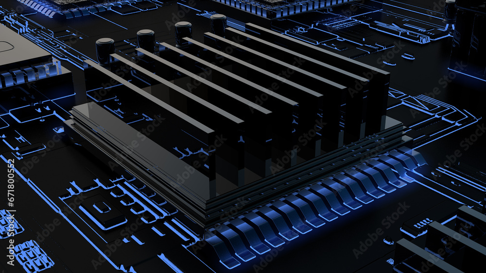 3D rendering of glowing blue chips connected to a board symbolizing technology, communication and energy 
