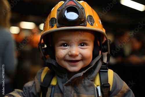happy baby dressed as a firefighter. He wears a helmet and original firefighter clothing.