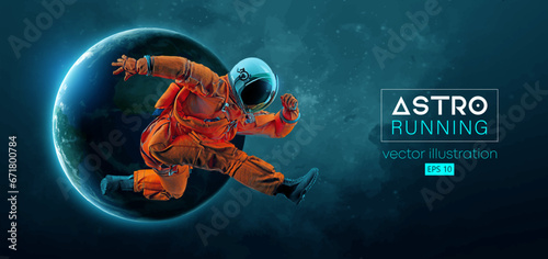 Abstract silhouette of a running athlete astronaut in space action and Earth, Mars, planets on the background of the space. Runner man are running sprint or marathon. Vector illustration