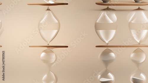  a set of three glass vases sitting on top of a shelf next to a shelf with a clock on top of it. generative ai
