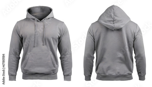 Gray blank male hoodie sweatshirt long sleeve with clipping path, men's hoodie with hood for your design mockup for print, isolated on a white background. template for winter clothes. photo