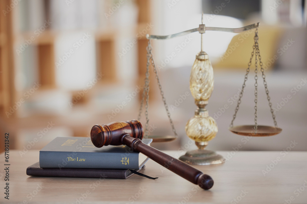 Background, gavel and law books with scales on table of judge, attorney and court trial. Closeup of legal hammer, notebook or desk of lawyer in constitution, equality and human rights of fair justice - obrazy, fototapety, plakaty 