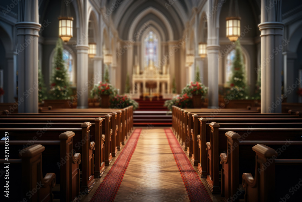 A peaceful church interior with candlelit pews and a nativity scene, symbolizing the spiritual significance of Christmas. Generative Ai.