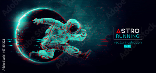 Abstract silhouette of a running athlete astronaut in space action and Earth, Mars, planets on the background of the space. Runner man are running sprint or marathon. Vector illustration
