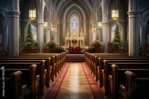 A peaceful church interior with candlelit pews and a nativity scene, symbolizing the spiritual significance of Christmas. Generative Ai. © Sebastian