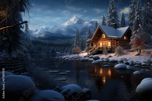 A winter cabin in the woods, surrounded by snow-covered trees and a frozen lake, evoking the tranquility of a remote Christmas getaway. Generative Ai. © Sebastian