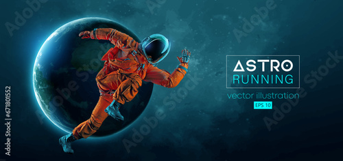 Abstract silhouette of a running athlete astronaut in space action and Earth, Mars, planets on the background of the space. Runner man are running sprint or marathon. Vector illustration