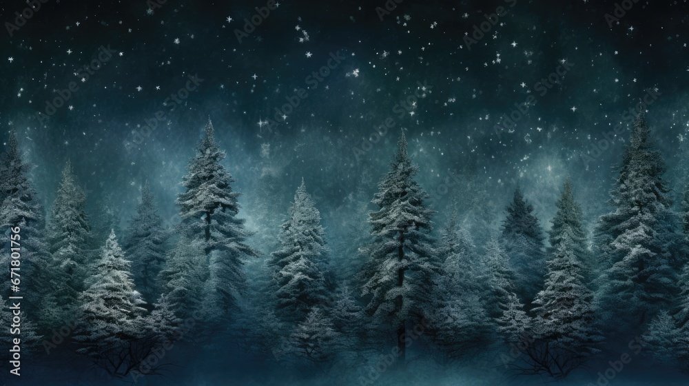 Fototapeta premium Night dark Forest winter landscape with fir trees on starry sky background. Moody botanical atmosphere illustration. Dreamy wallpaper for Christmas or New Year greetings.