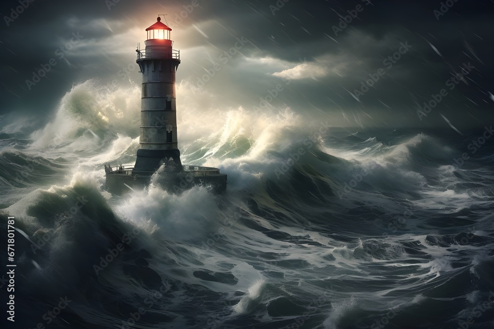 A solitary lighthouse guiding ships through a storm.
