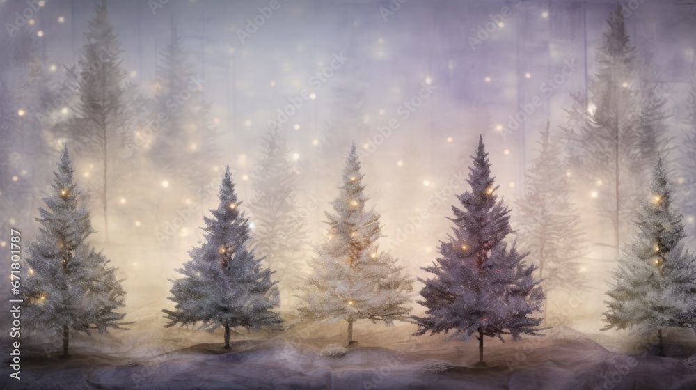 Decorated Christmas tree with garland lights in winter night forest fantasy landscape background. Happy New Year, Marry Xmas, Winter Holidays concept. Festive wallpaper for greeting card, flyer.